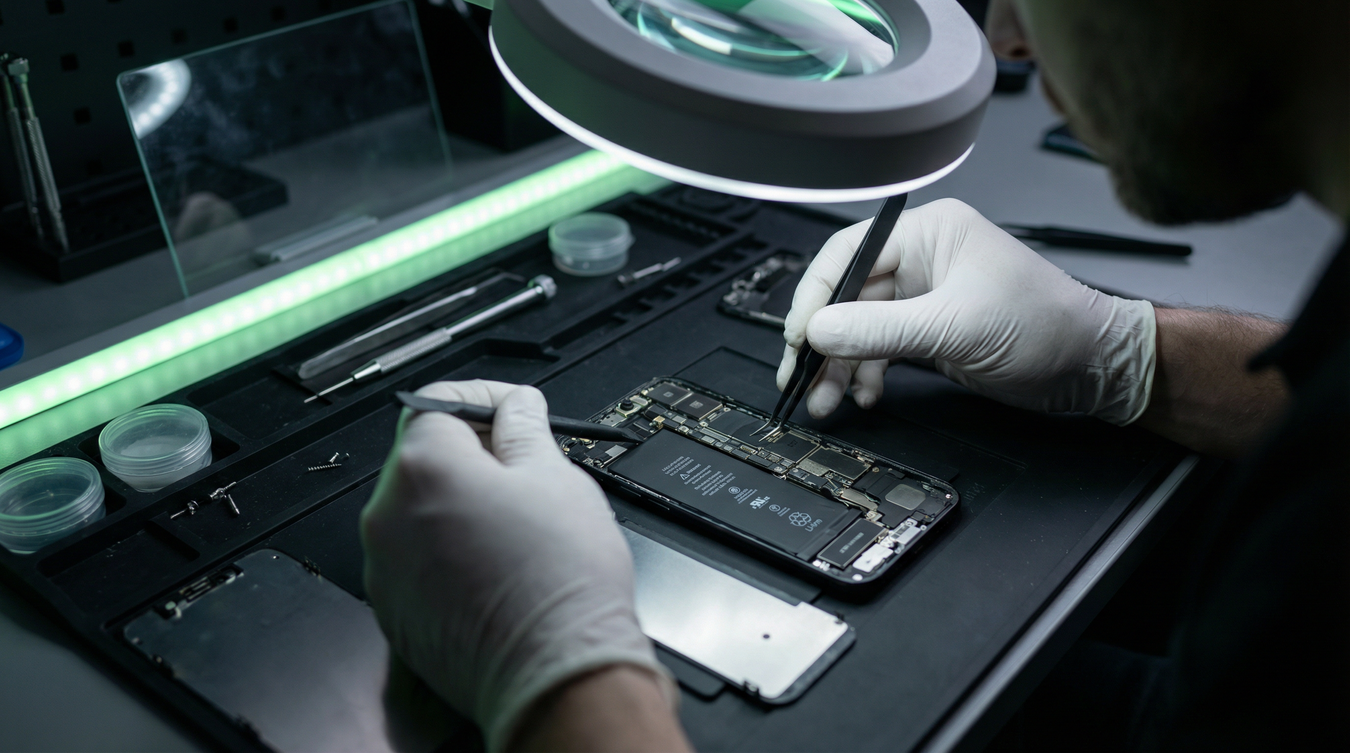 Técnico realizando reparo em smartphone